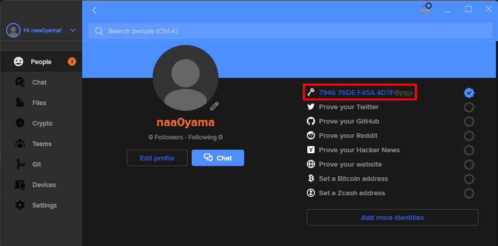 完了すると、下記のように Keybase App から鍵のフィンガープリントが見えます