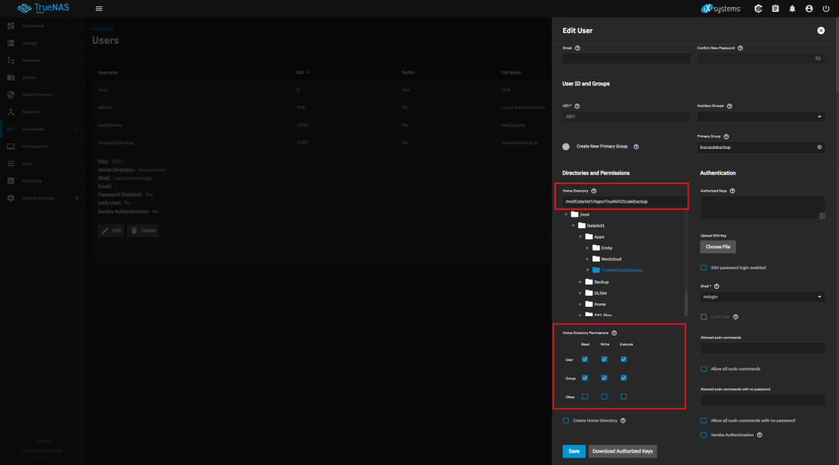 Home directory と Permissions 変更